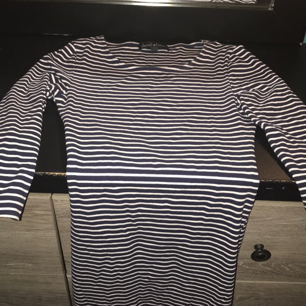 Long blue and while dress with a cut on the end
